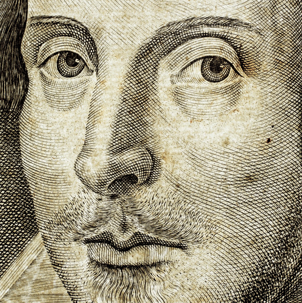 (detail) Portret van William Shakespeare op frontispice van Komedies, geschiedenissen, & tragedies door Nathan Benn