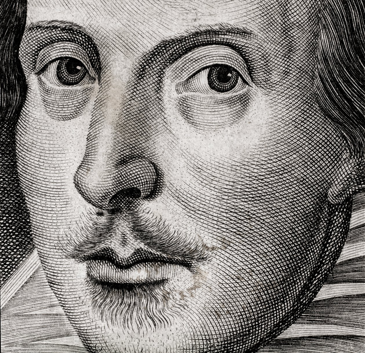 Detail van portret van William Shakespeare op frontispice van Komedies, geschiedenissen, & tragedies door Nathan Benn