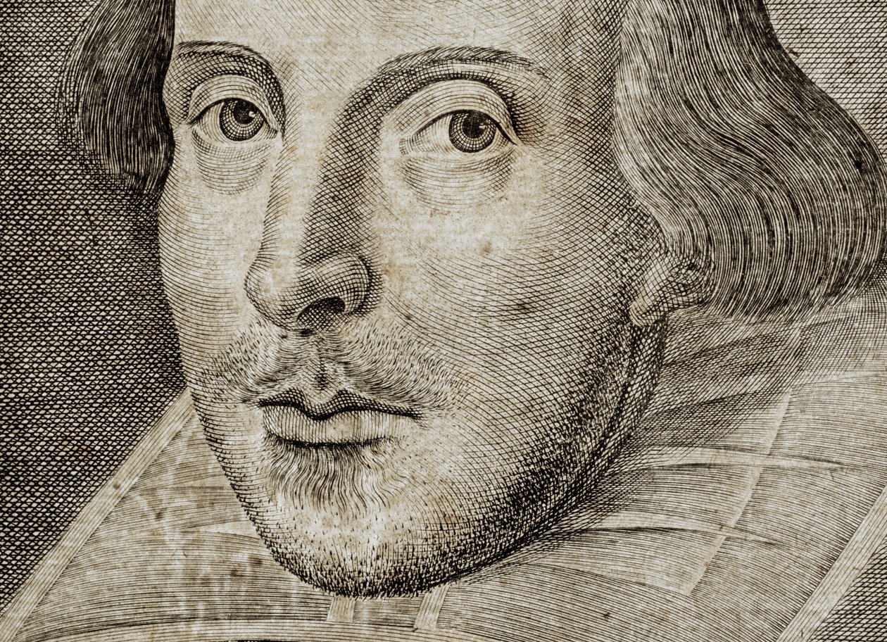 (detail) Portret van William Shakespeare op frontispice van Komedies, geschiedenissen, &c. door Nathan Benn