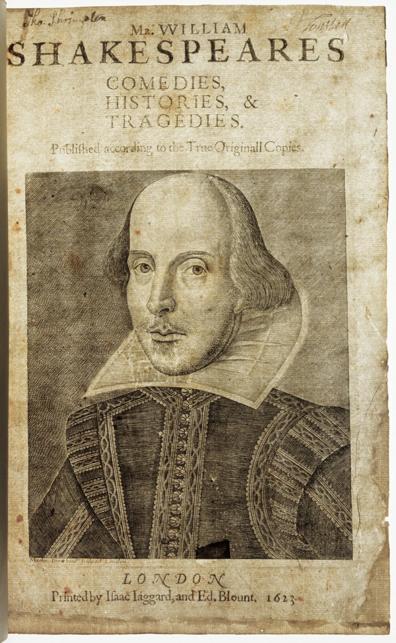 Portret van William Shakespeare op frontispice van Komedies, geschiedenissen en tragedies door Nathan Benn