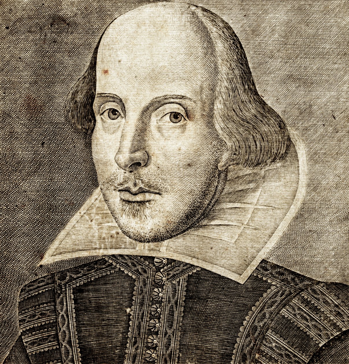 Portret van William Shakespeare op frontispice van Komedies, geschiedenissen en tragedies door Nathan Benn
