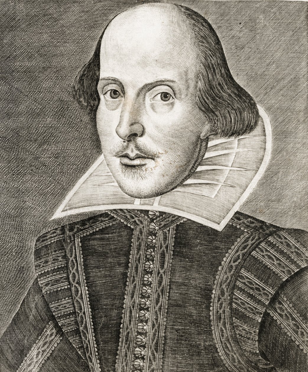 Portret van William Shakespeare op frontispice van Komedies, geschiedenissen, & tragedies door Nathan Benn