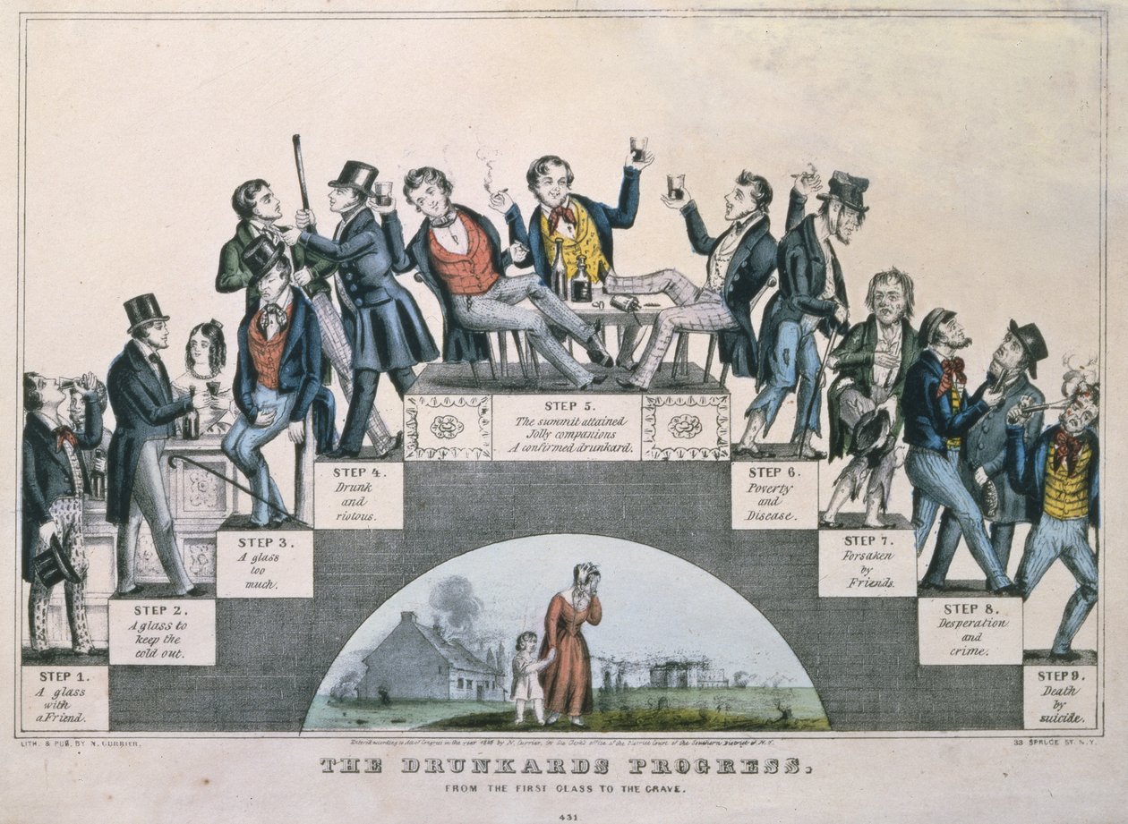 De vooruitgang van de dronkaard, van het eerste glas tot het graf, 1848 door Nathaniel Currier
