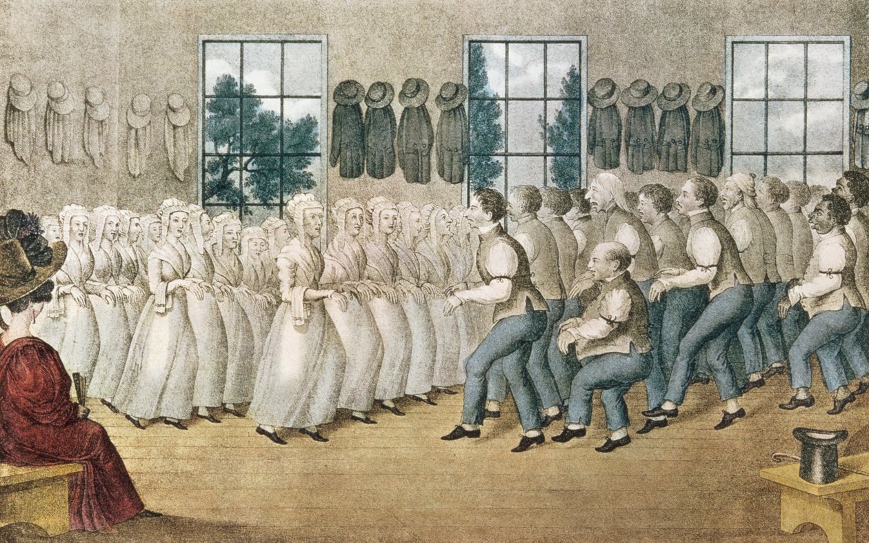 De Shakers bij Lebanon, uitgegeven door Currier en Ives, New York door Nathaniel Currier