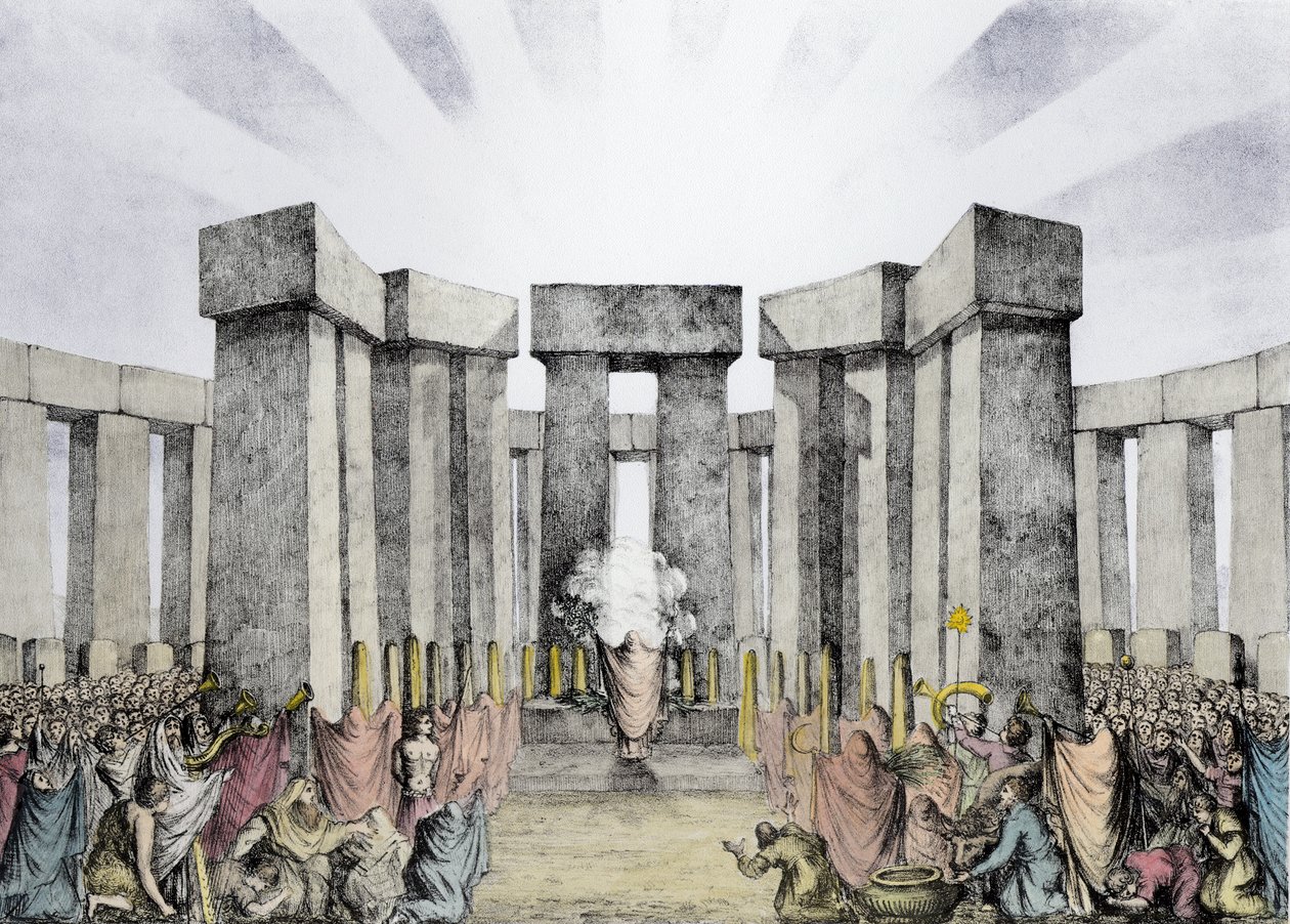 Druïden die offeren aan de zon in hun tempel genaamd Stonehenge, uit een plan van Stonehenge door Dr Stukeley in het Ashmolean Museum, Oxford, gegraveerd en gepubliceerd door de kunstenaar door Nathaniel Whittock