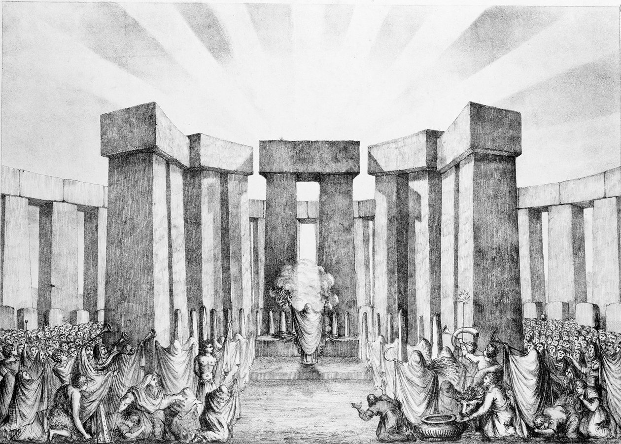 Druïden offeren aan de zon in hun tempel genaamd Stonehenge, van een plan van Stonehenge door Dr. Stukeley in het Ashmolean Museum, Oxford, gegraveerd en gepubliceerd door de kunstenaar door Nathaniel Whittock