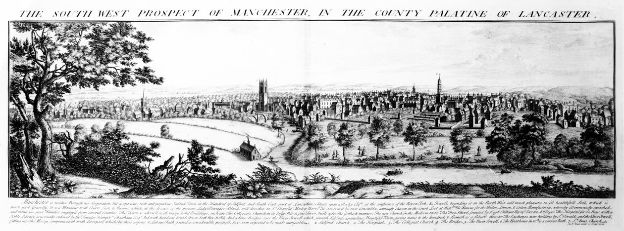 Het zuidwestelijke uitzicht van Manchester in het graafschap Palatine van Lancaster, 1728 door Nathaniel and Samuel Buck