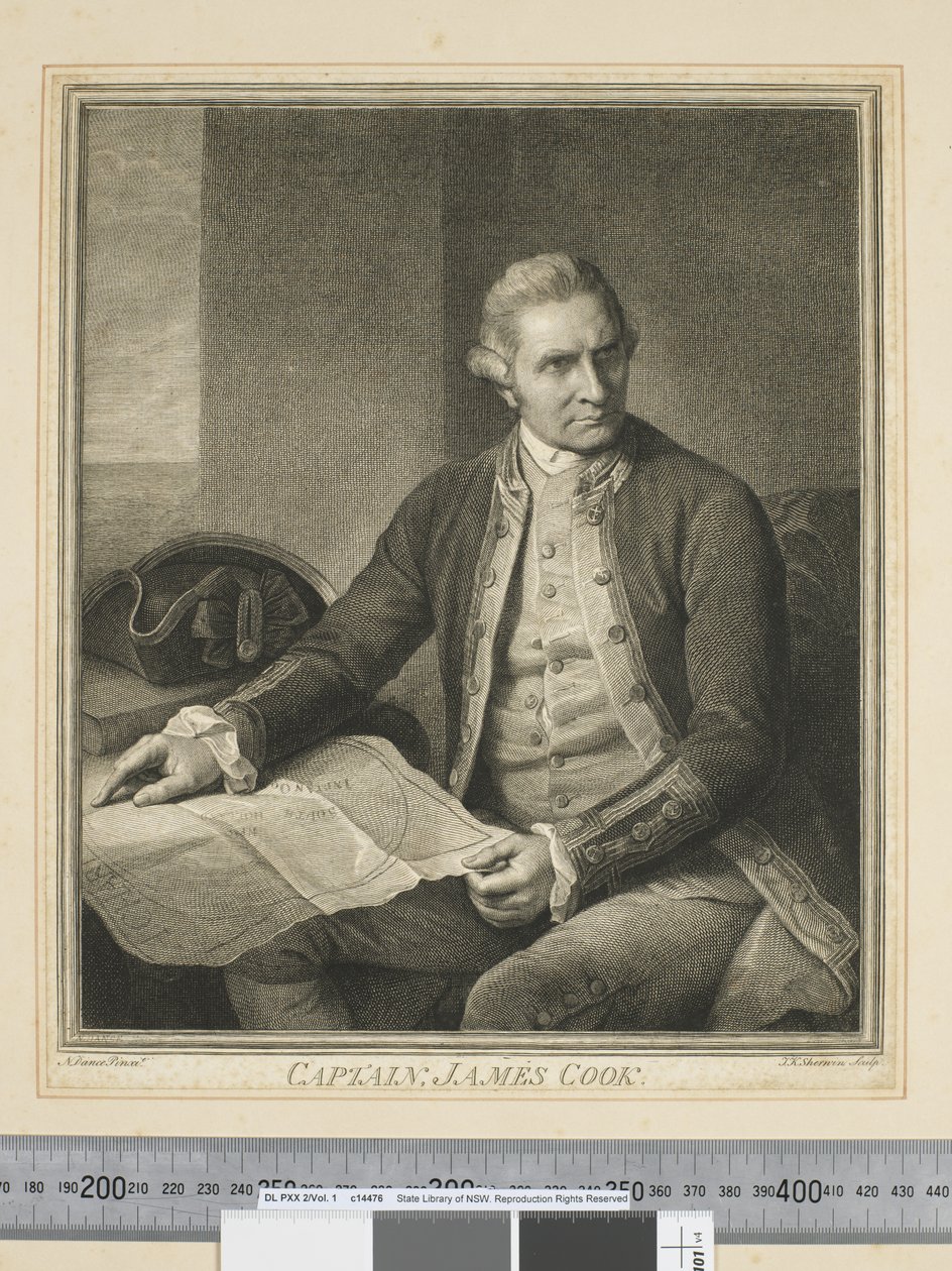 Kapitein James Cook, gegraveerd door J. K. Sherwin (1751–90), c.1773-84 (gravure) door Nathaniel (after) Dance-Holland