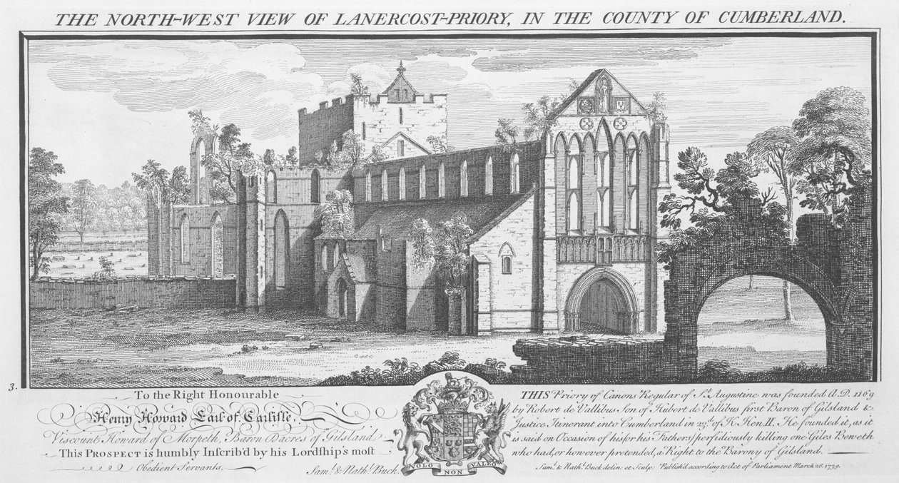Noordwestelijk Uitzicht op Lanercost Priory in het Graafschap Cumberland door Nathaniel Buck