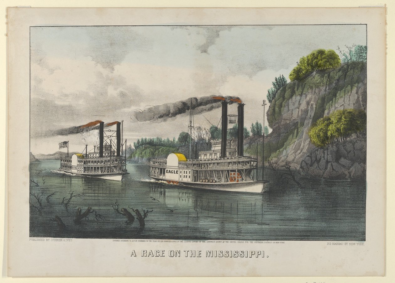 Een race op de Mississippi, 1870 door Currier and Ives