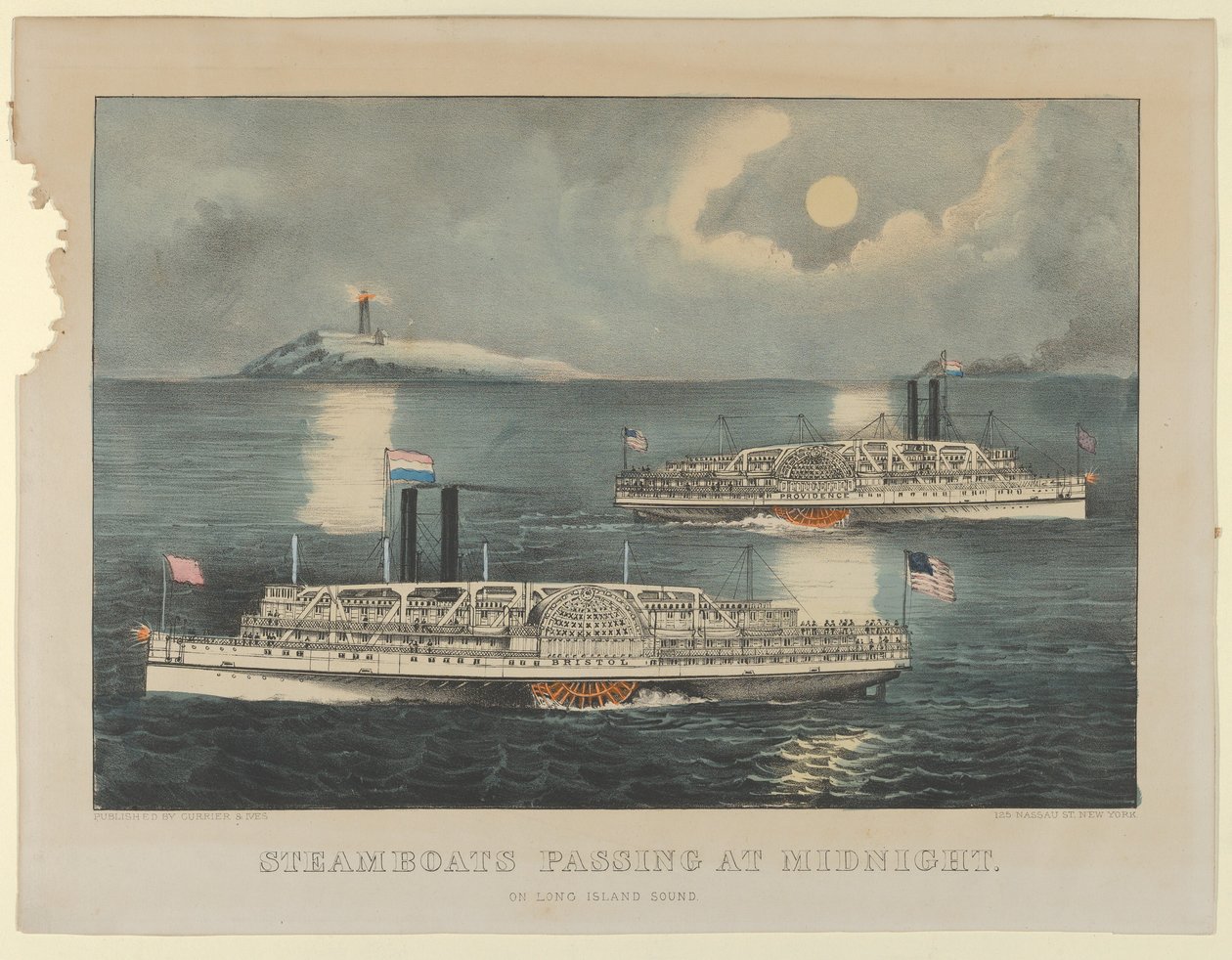 Stoomschepen Passeren om Middernacht - Op Long Island Sound, 1872-74 door Currier and Ives