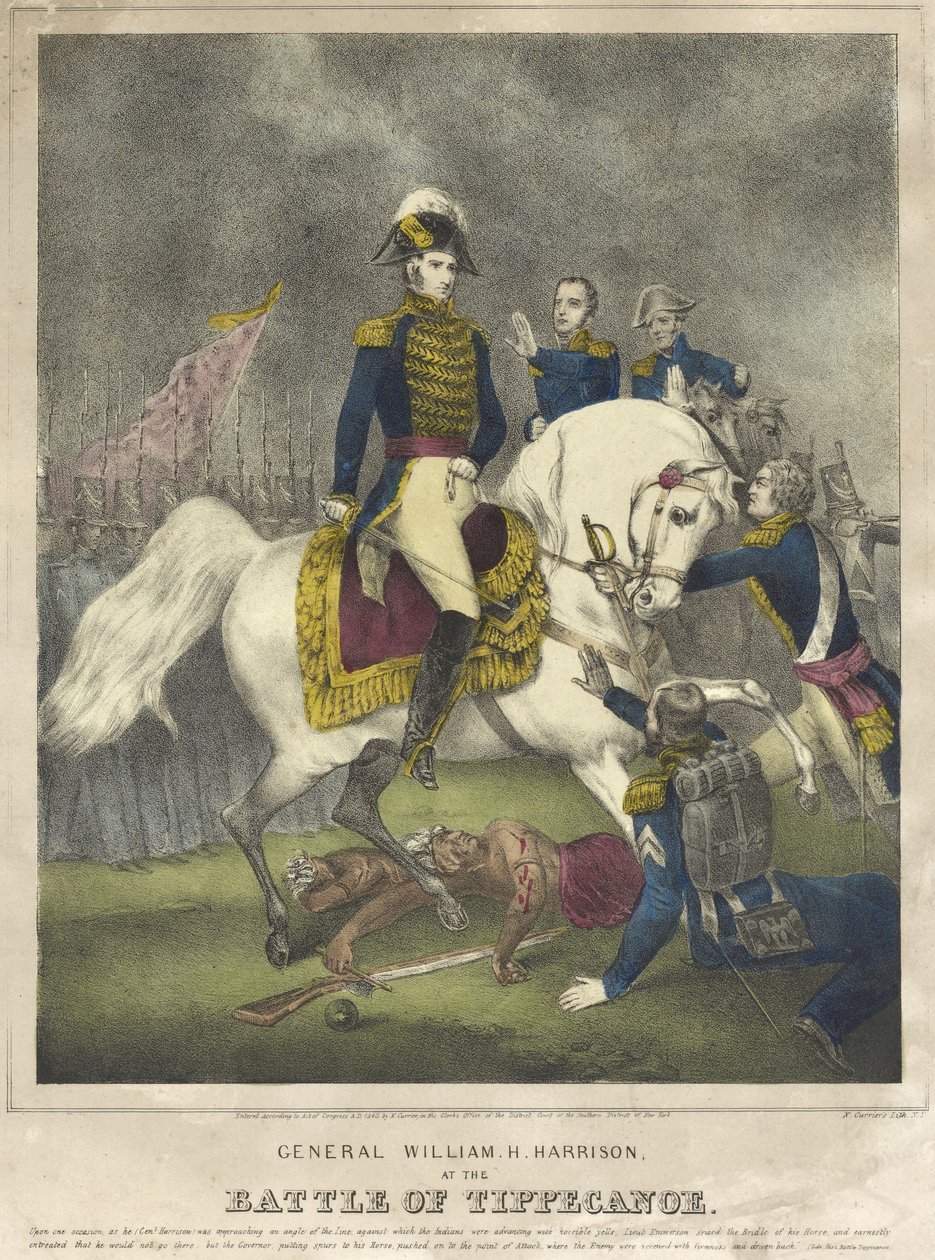 Generaal William H. Harrison bij de Slag van Tippecanoe, uitgegeven 1840 door Nathaniel Currier