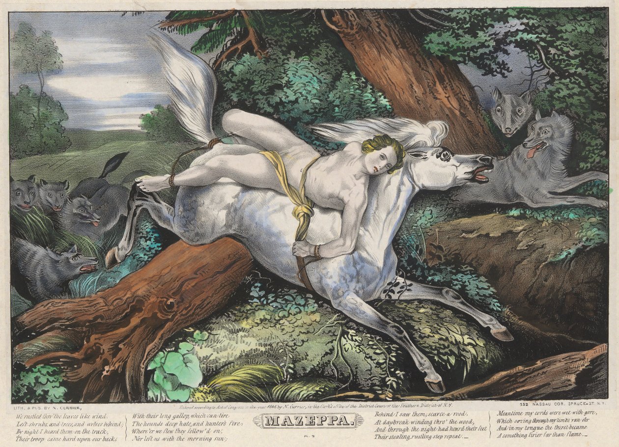 Mazeppa: Plaat 2 van een set van vier (4) platen (Achtervolgd door wolven) door Nathaniel Currier