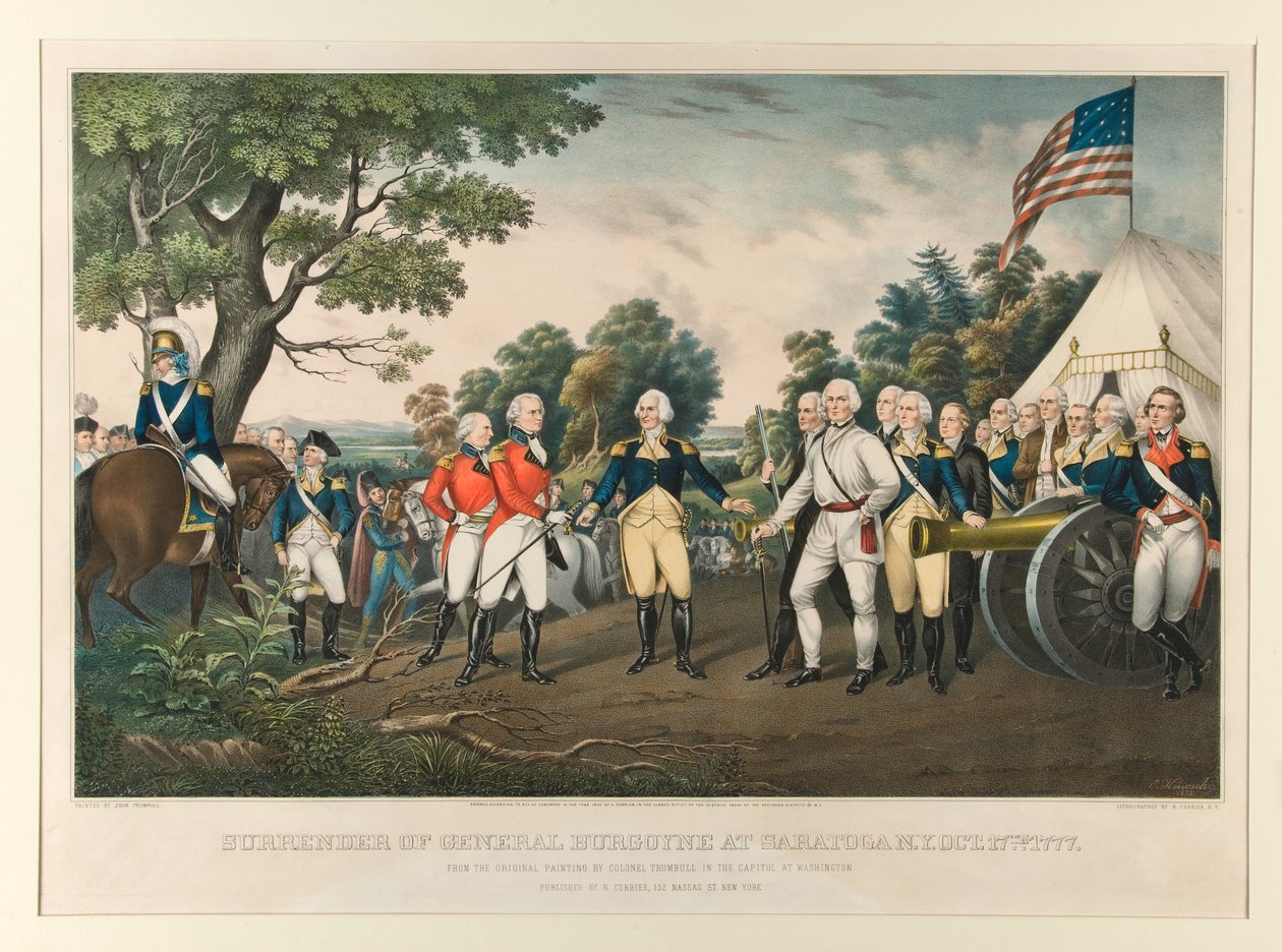 Overgave van generaal Burgoyne in Saratoga, New York, 17 oktober 1777 / Naar het originele schilderij van kolonel Trumbull in het Capitool in Washington. Geschilderd door John Trumbull door Nathaniel Currier