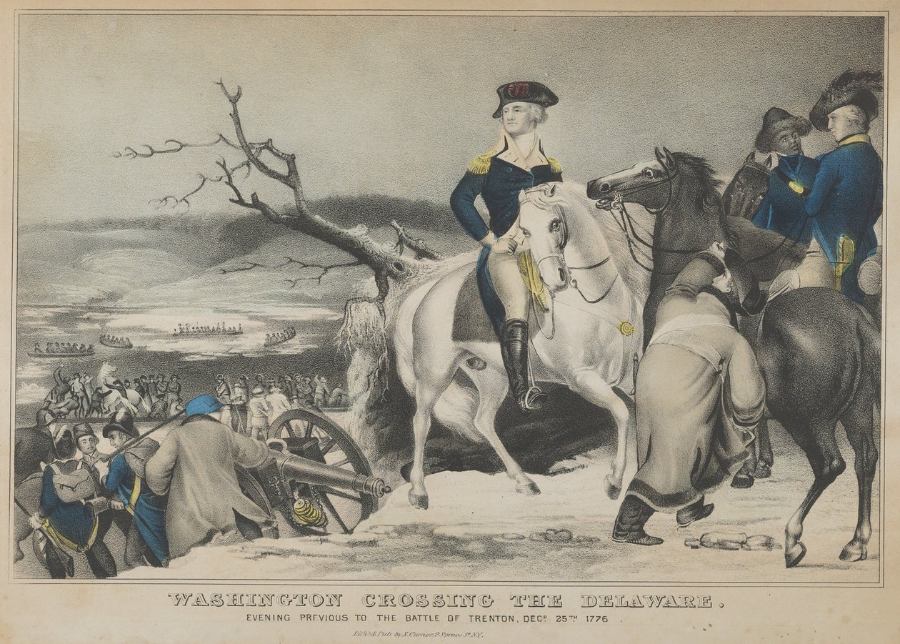 Washington steekt de Delaware over - Avond voor de Slag bij Trenton, 25 december, 1847 door Nathaniel Currier