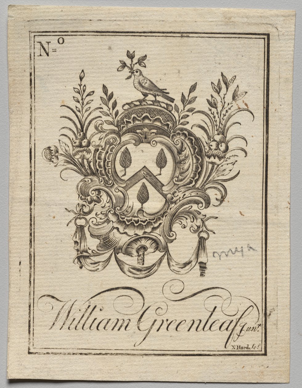 Boekplaat: Wapen met inscriptie William Greenleaf Jun.r door Nathaniel Hurd