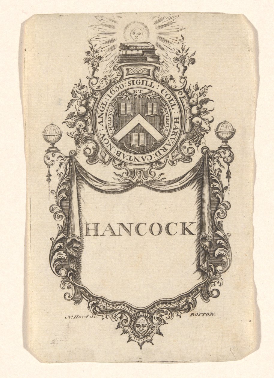 Boekplaat van Harvard College (Hancock) door Nathaniel Hurd