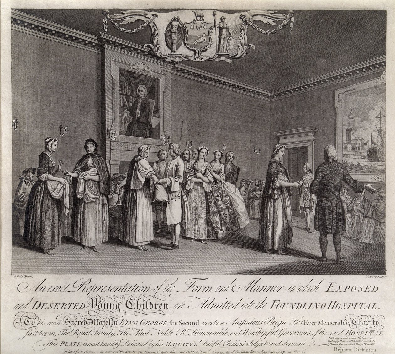 Een exacte weergave van de vorm en manier waarop verlaten en verlaten jonge kinderen worden toegelaten tot het vondelingenhuis, 1749 door Nathaniel Parr