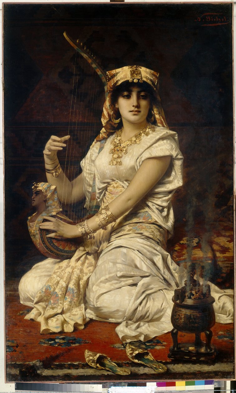 Almee. Portret van een mooie, geleerde en goed opgeleide vrouw, die muziek speelt, gekleed in een Egyptisch kostuum. Schilderij van Nathaniel Sichel (1843-1907) door Nathaniel Sichel