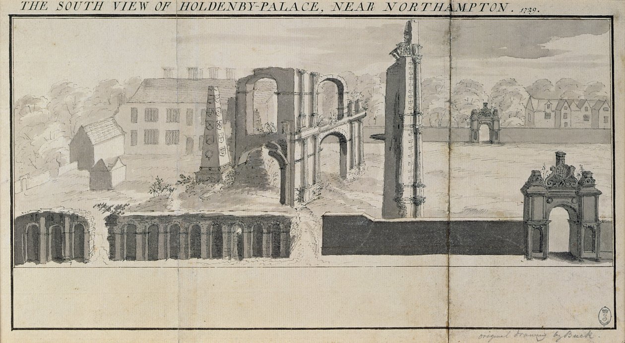 Zuidelijk uitzicht op Holdenby House en ruïnes zoals gezien in 1729 door Nathaniel and Samuel Buck