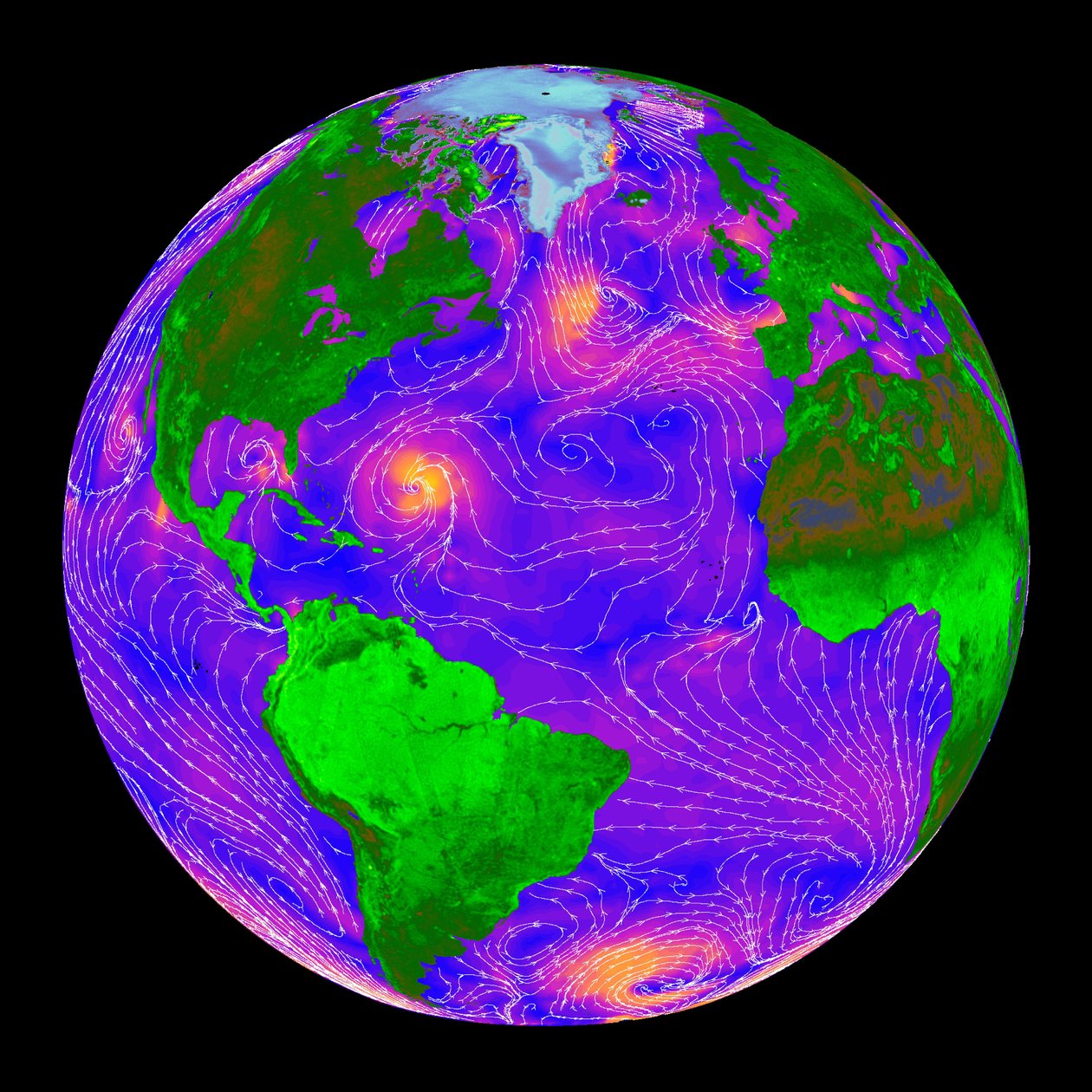 Wereldwijde radarmetingen in heldere lucht en door wolken. De radargegevens over de oceanen geven wetenschappers en weersvoorspellers informatie over de windsnelheid en -richting aan het oppervlak. door National Aeronautics and Space Administration National Aeronautics and Space Administration
