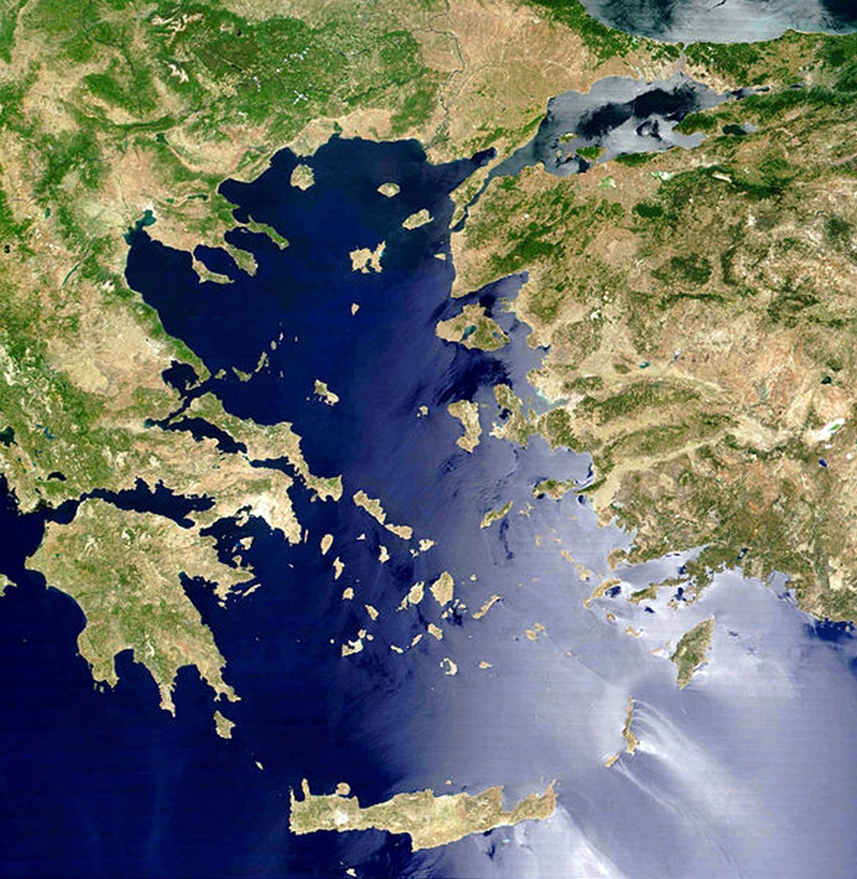 Satellietbeeld van de Egeïsche Zee: Kreta is het eiland in het midden onderaan. NASA-beeld. Wetenschap door National Aeronautics and Space Administration National Aeronautics and Space Administration