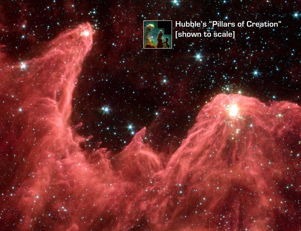 Spitzer Space Telescope valse-kleur beeld van bergen waar sterren worden geboren. Bijgenaamd Bergen van Creatie, de torenhoge zuilen van koel gas en stof zijn verlicht aan de toppen met licht van embryo sterren. door National Aeronautics and Space Administration National Aeronautics and Space Administration
