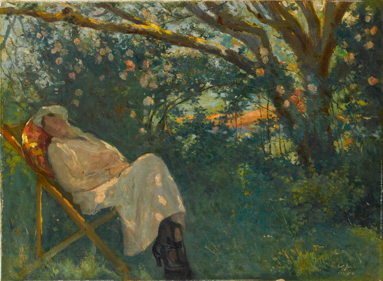 Dame in roze op een chaise longue door Nazmi Ziya Gueran