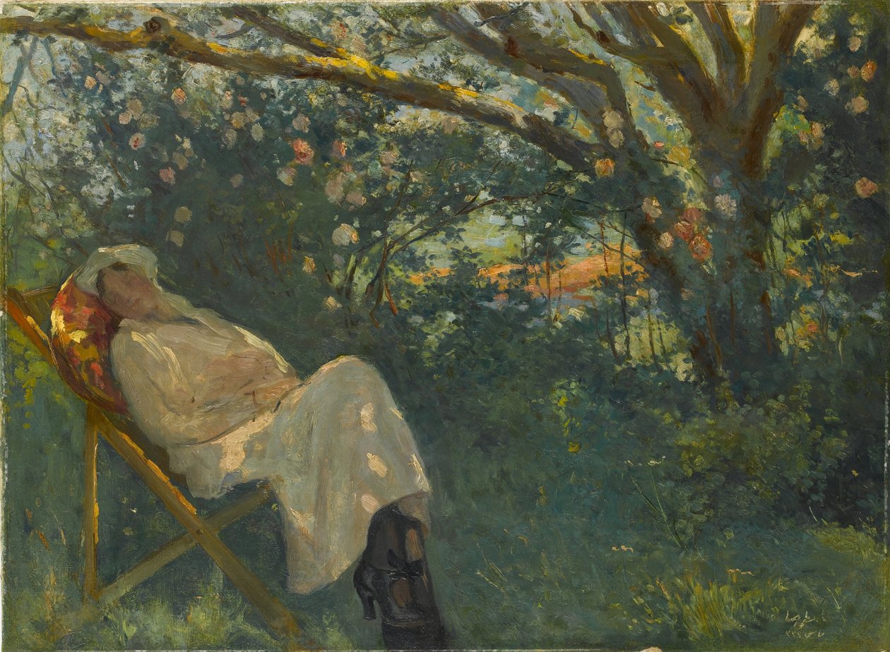Dame in Roze op een Chaise Longue door Nazmi Ziya Güran