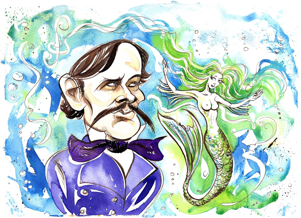 Alexander Dargomyzhsky - karikatuur van Russische componist met illustratie van opera Rusalka (1855) door Neale Osborne