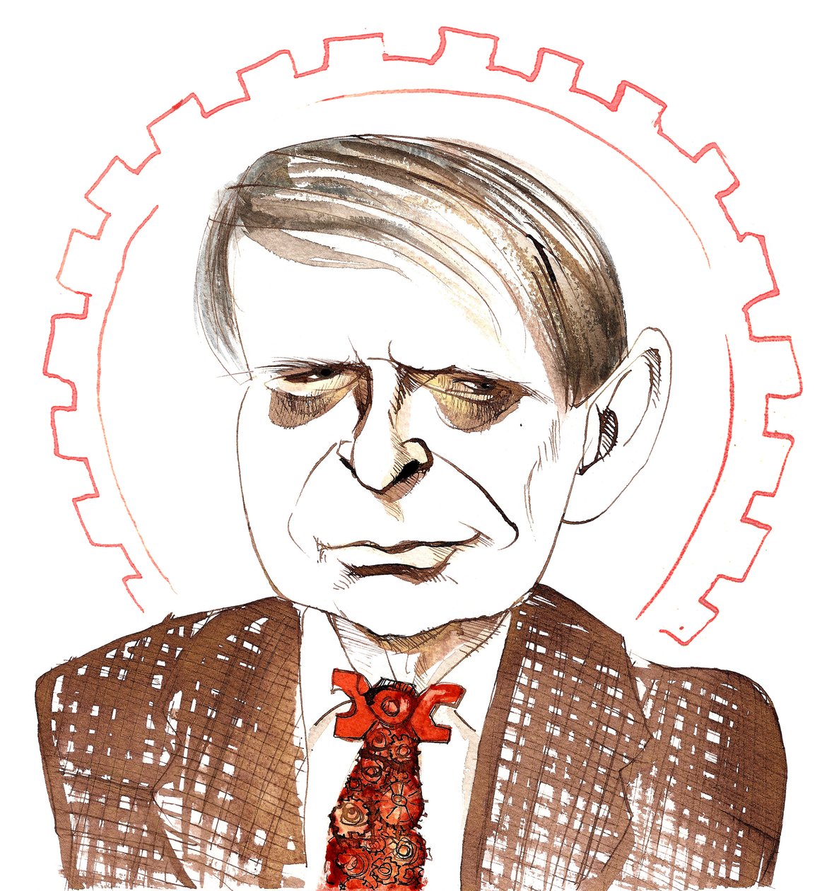Anthony Burgess, Engelse romanschrijver, criticus, dichter, toneelschrijver, vertaler en componist; gekarikaturiseerd met een klokwerk oranje stropdas, met verwijzing naar zijn novelle A Clockwork Orange (1962) door Neale Osborne