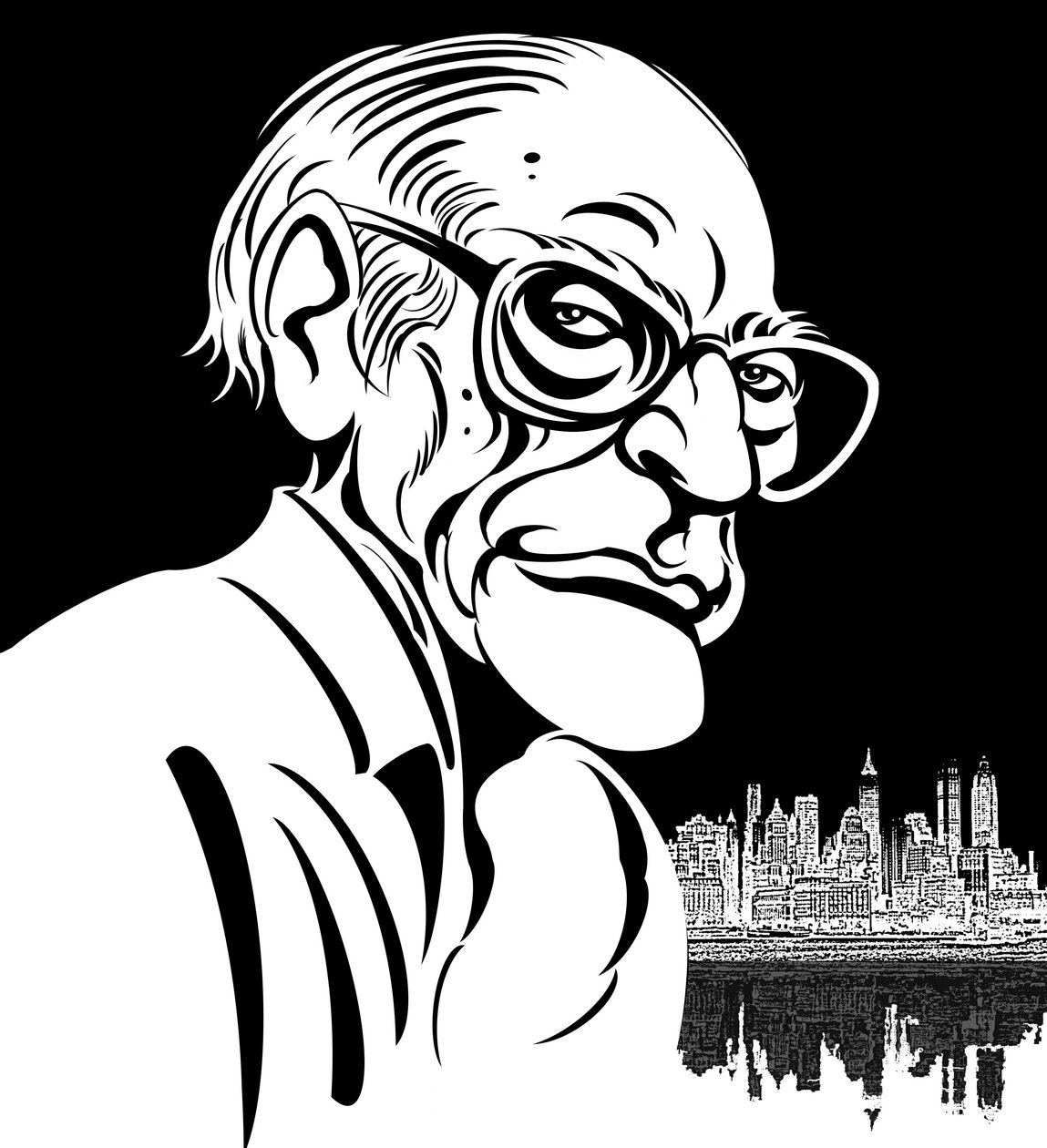 Arthur Miller, Amerikaanse toneelschrijver (1915-2005); zwart-wit karikatuur door Neale Osborne