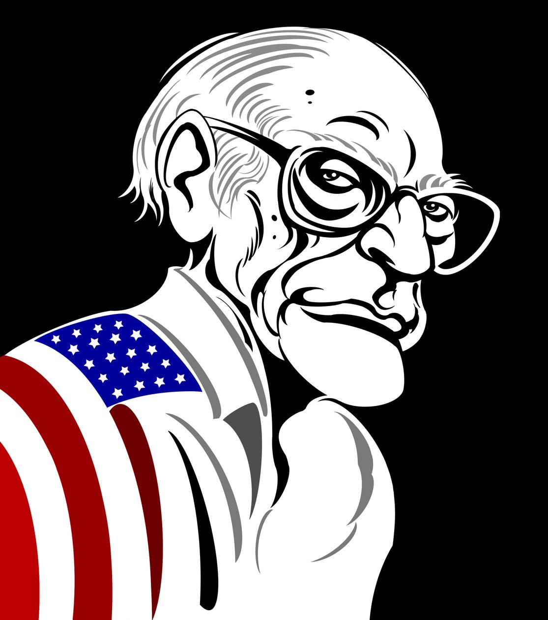 Arthur Miller, Amerikaanse toneelschrijver (1915-2005); zwart-wit - kleurenkarikatuur, gehuld in Amerikaanse vlag door Neale Osborne