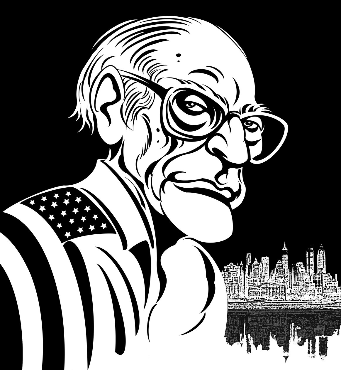 Arthur Miller, Amerikaanse toneelschrijver (1915-2005); zwart-wit karikatuur, gehuld in Amerikaanse vlag door Neale Osborne