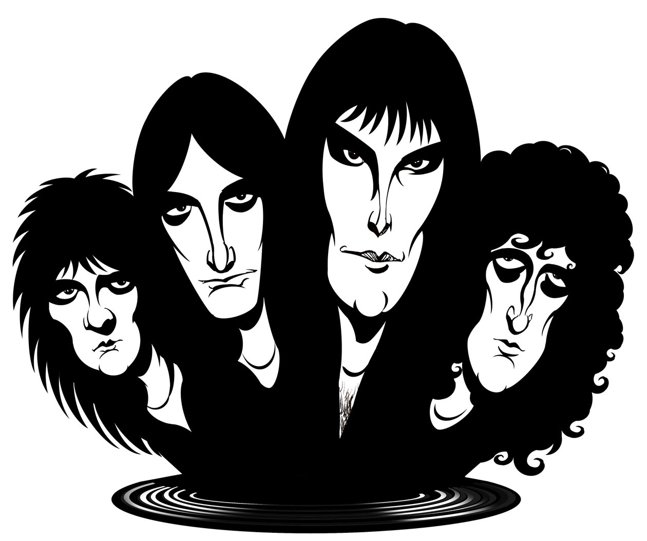 Britse rockband gevormd in 1971; gekarikaturiseerd van links naar rechts: Roger Taylor (drummer, zanger, 26 juli 1949 - door Neale Osborne