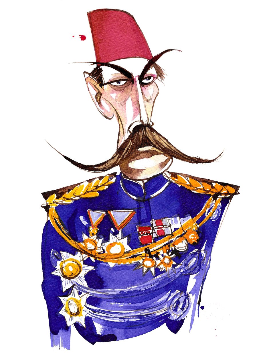 Iers-geboren, Britse veldmaarschalk, Eerste Graaf Kitchener, kleurenkarikatuur in uniform en fez door Neale Osborne