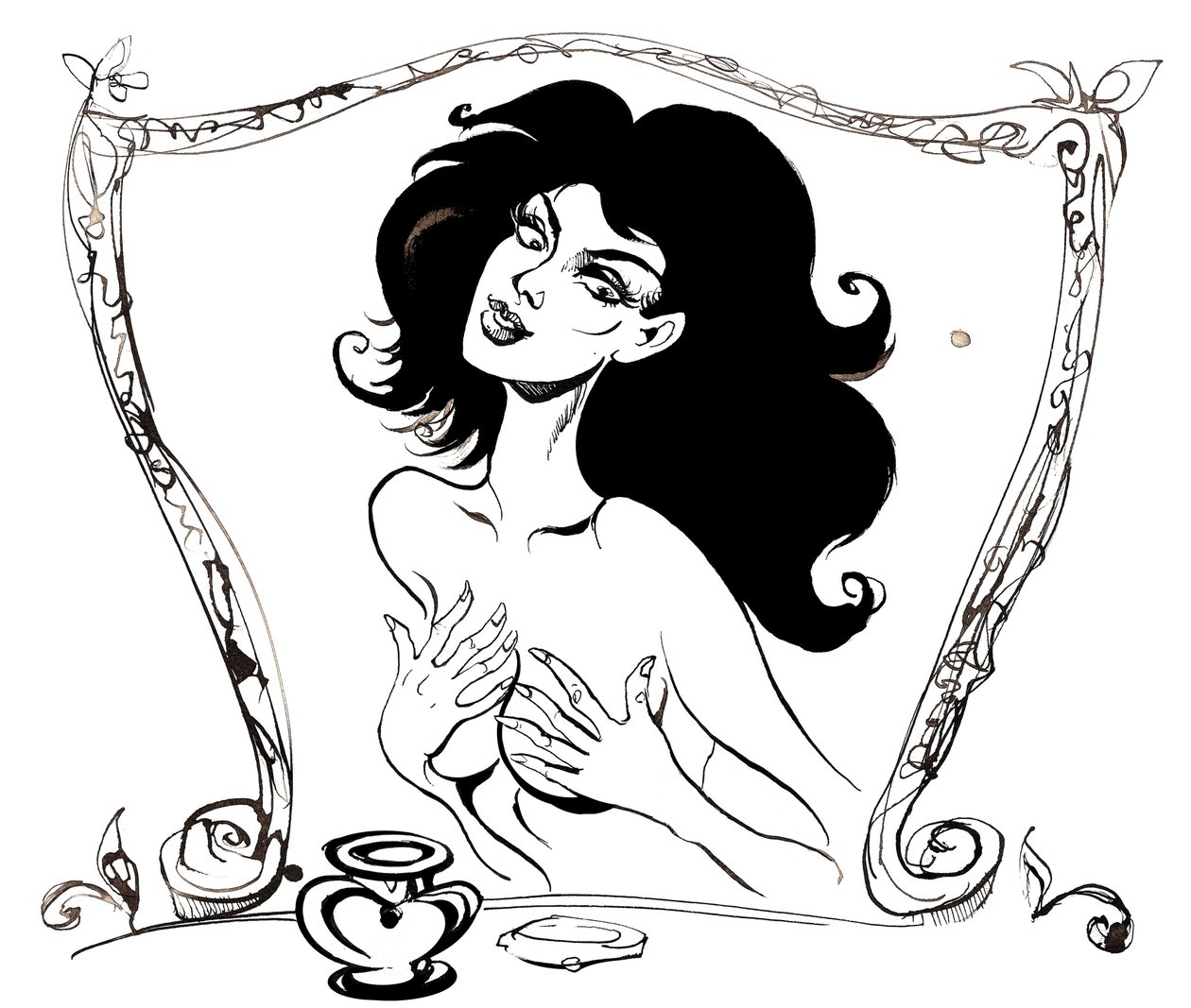 Margarita voor de spiegel illustratie bij De Meester en Margarita door Mikhail Boelgakov (Russische toneelschrijver en auteur, 1891-1940); pentekening, 2015 door Neale Osborne