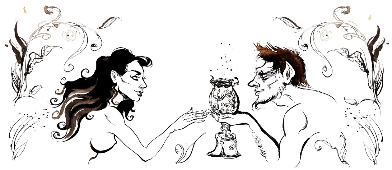 Margarita ontmoet de bokkenpotige man uit De Meester en Margarita door Mikhail Boelgakov (Russische toneelschrijver en auteur, 1891-1940); pentekening, 2015 door Neale Osborne