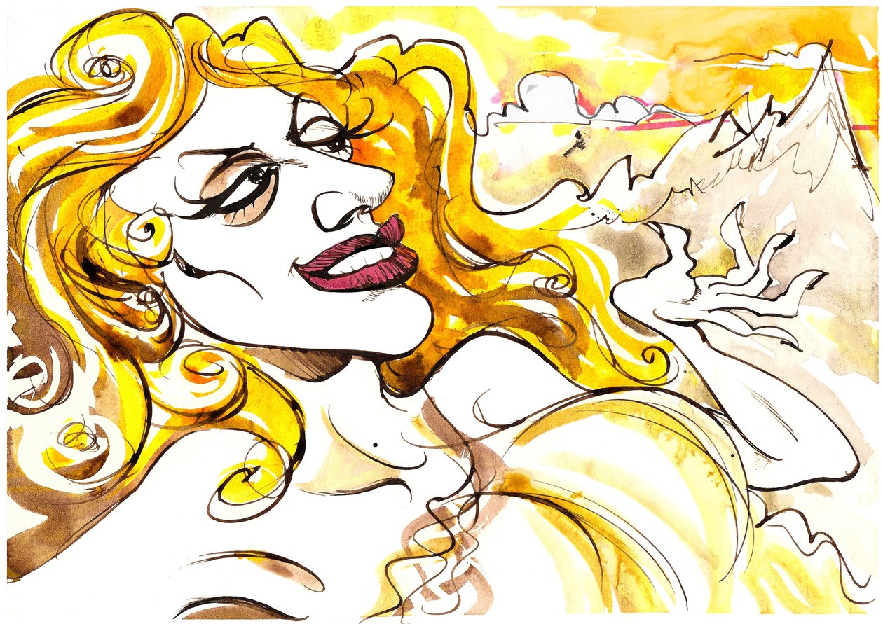 Tatiana Troyanos - kleurenkarikatuur als Venus, uit de opera Tannhäuser van 1845 door Richard Wagner (Duitse componist, 1813-83) door Neale Osborne