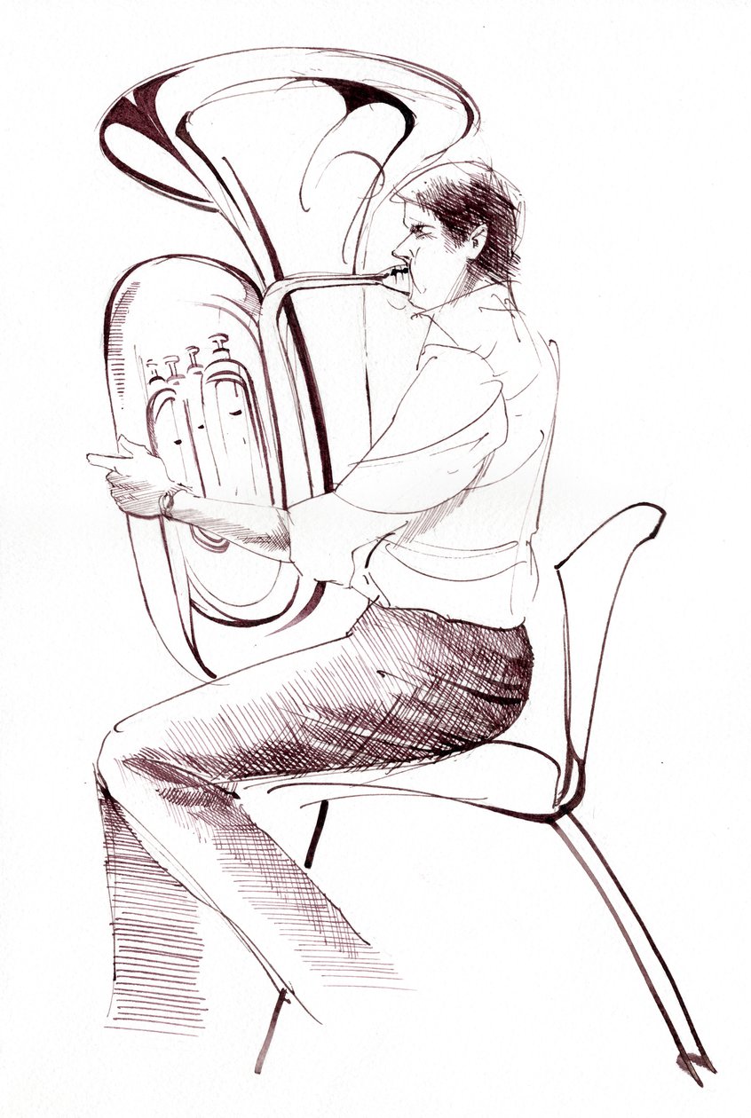 Tubaspeler (inkt tekening van een muzikant die optreedt) door Neale Osborne