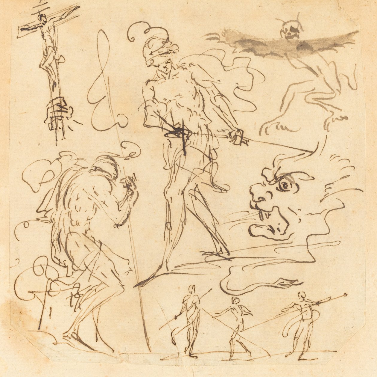 Blad met Studies van een Soldaat die een Zwaard Trekt, een Kruisbeeld, Monsterlijke Dieren en Andere Figuren door Neapolitan 17th Century