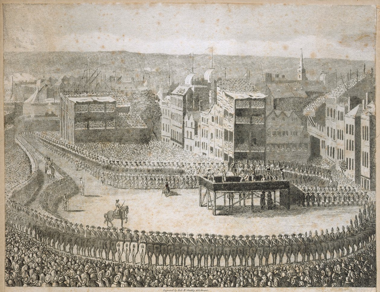 Executie van de rebellenleiders in 1745, Tower Hill, Londen, 18e eeuw door Neele and Stockley