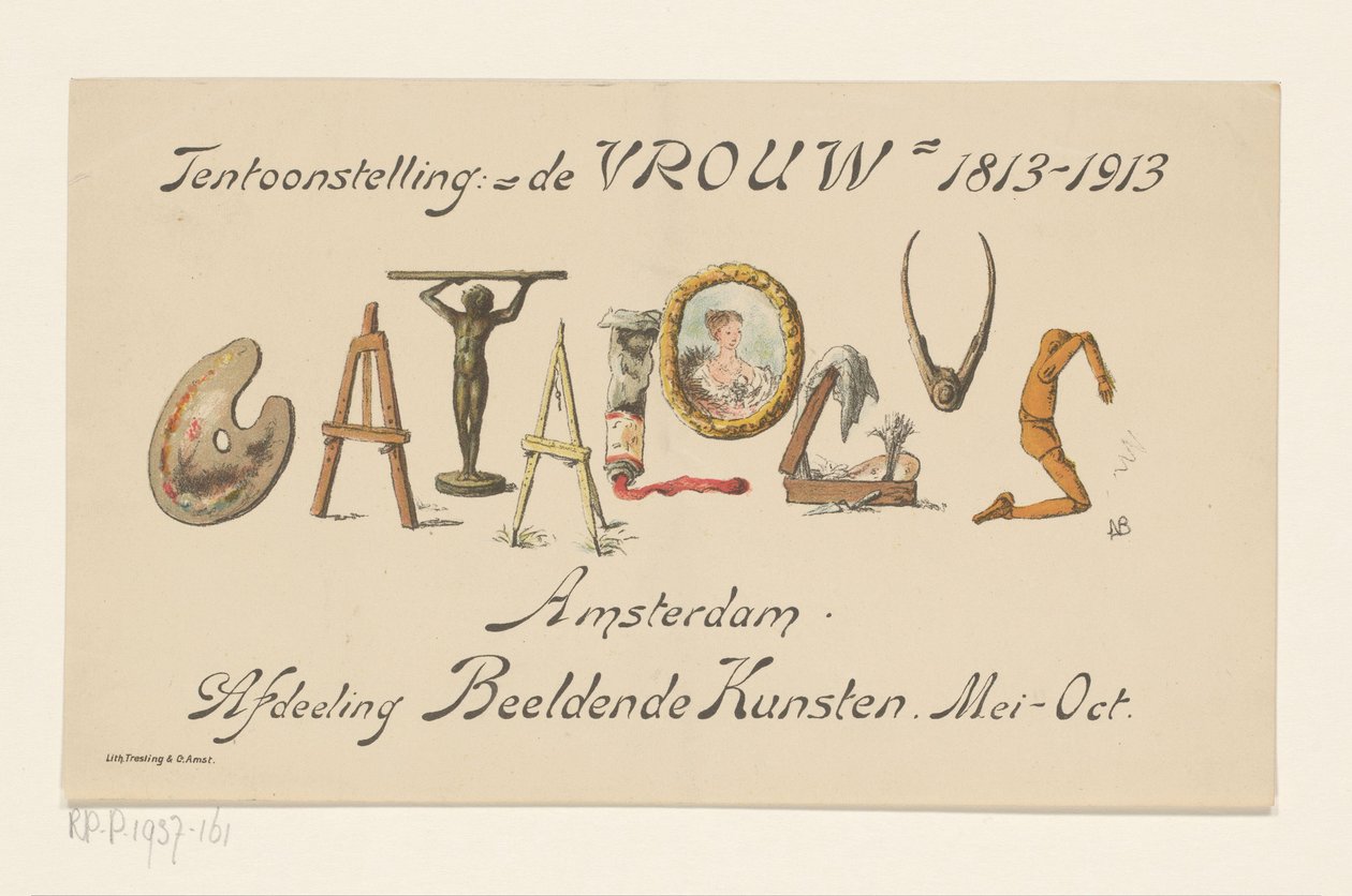 Annoncekaart van de tentoonstelling De Vrouw, 1813-1913 door Nelly Bodenheim (signed by artist)