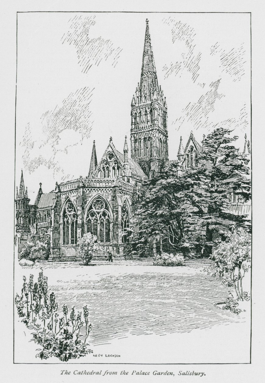 De kathedraal vanuit de paleistuin, Salisbury (litho) door Nelly Erichsen