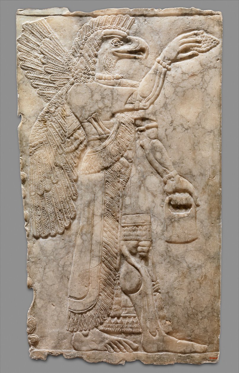 Reliëfpaneel van gevleugelde adelaar-hoofd bovennatuurlijk figuur, ca. 883-59 v.Chr. door Neo Assyrian