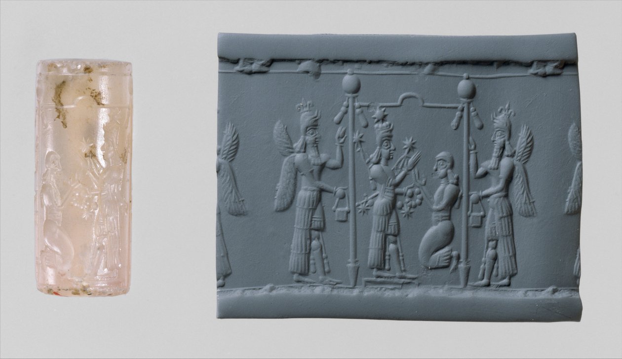 Cilinderzegel van Ishtar en moderne indruk, ca. 8e-7e eeuw v.Chr. (chalcedoon) door Neo Assyrian Neo Assyrian