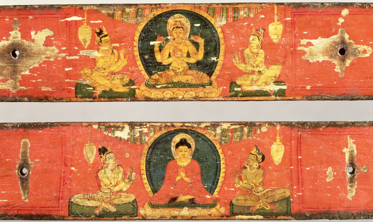 Zittende Bodhisattva (Prajnaparamita) (boven) en Boeddha omgeven door een mandorla (onder) detail van Soetra omslagen (detail) door Nepalese School
