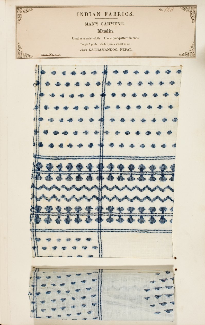 Mousselinemonster uit Kathamandoo in Nepal, uit The Collection of the Textile Manufacturers of India, door John Forbes Watson, gepubliceerd in 1866 door Nepalese School