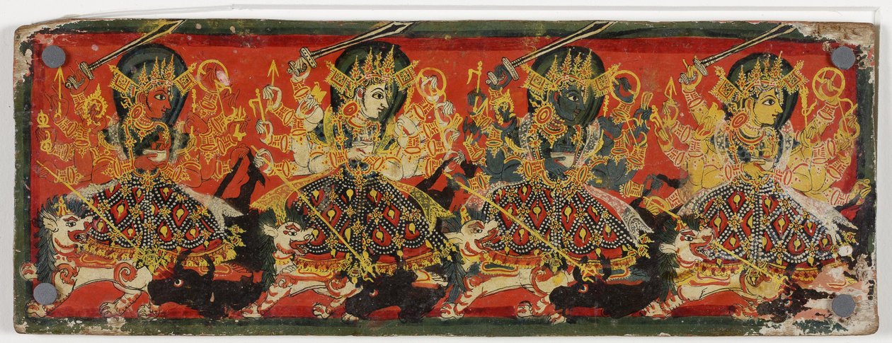 Een van een paar manuscriptomslagen die Devi als de Acht Moeders afbeelden door Nepalese School