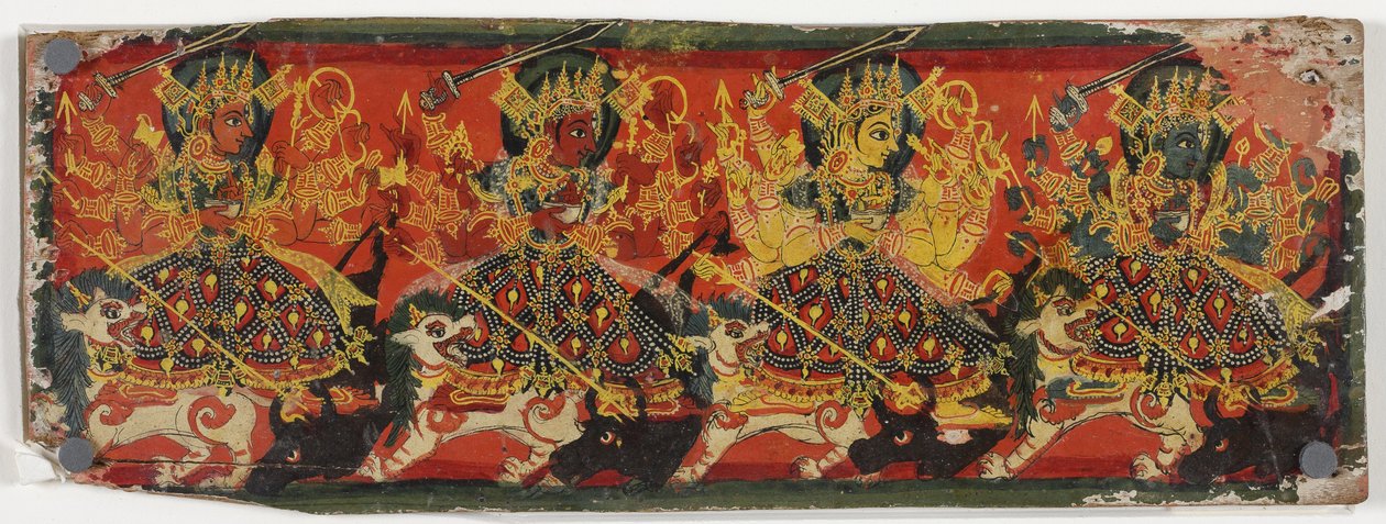 Een van een paar manuscriptomslagen die Devi als de Acht Moeders afbeelden door Nepalese School
